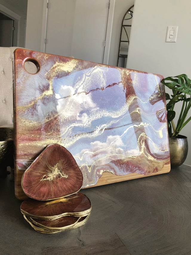 Burgundy and gold cheese board and coasters