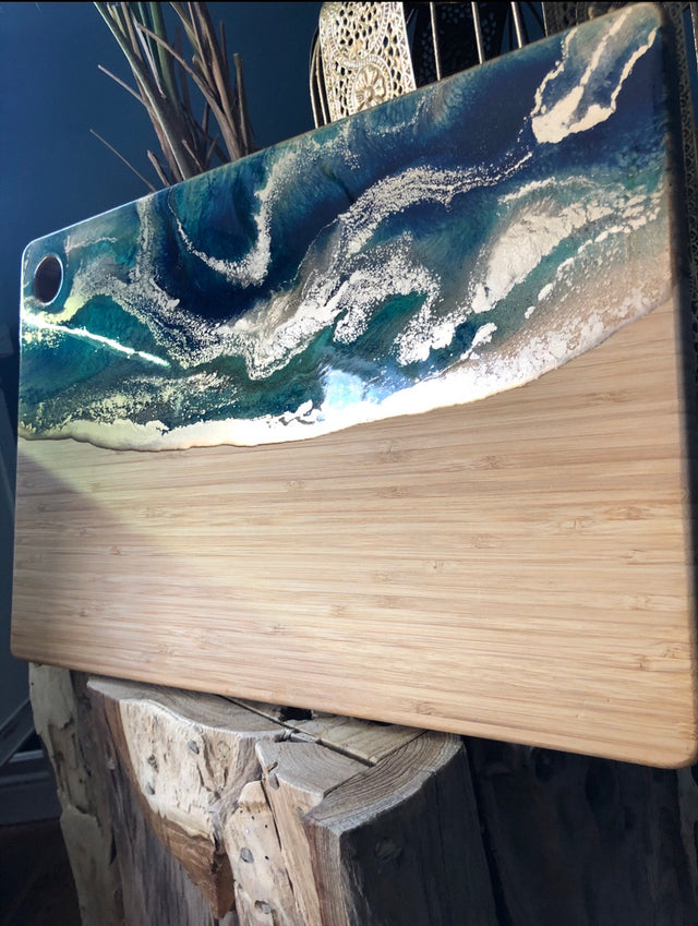 Emerald green and navy bamboo serving board
