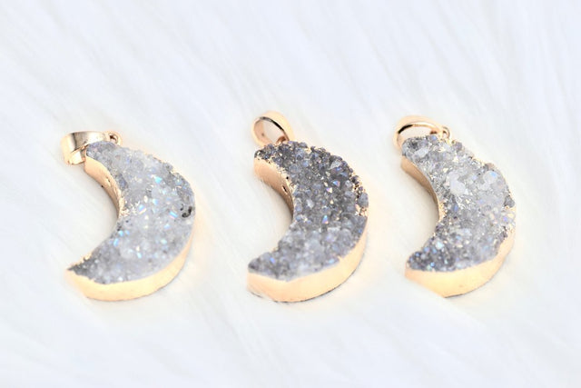 Druzy crescent moon pendants