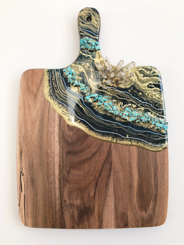 Genuine turquoise and gold crystal cheese board