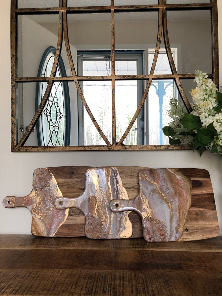 Rose gold and copper cheeseboard with quartz and Himalayan crystals