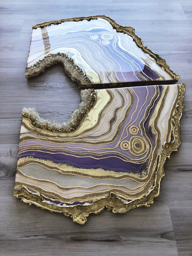 Purple and gold resin geode