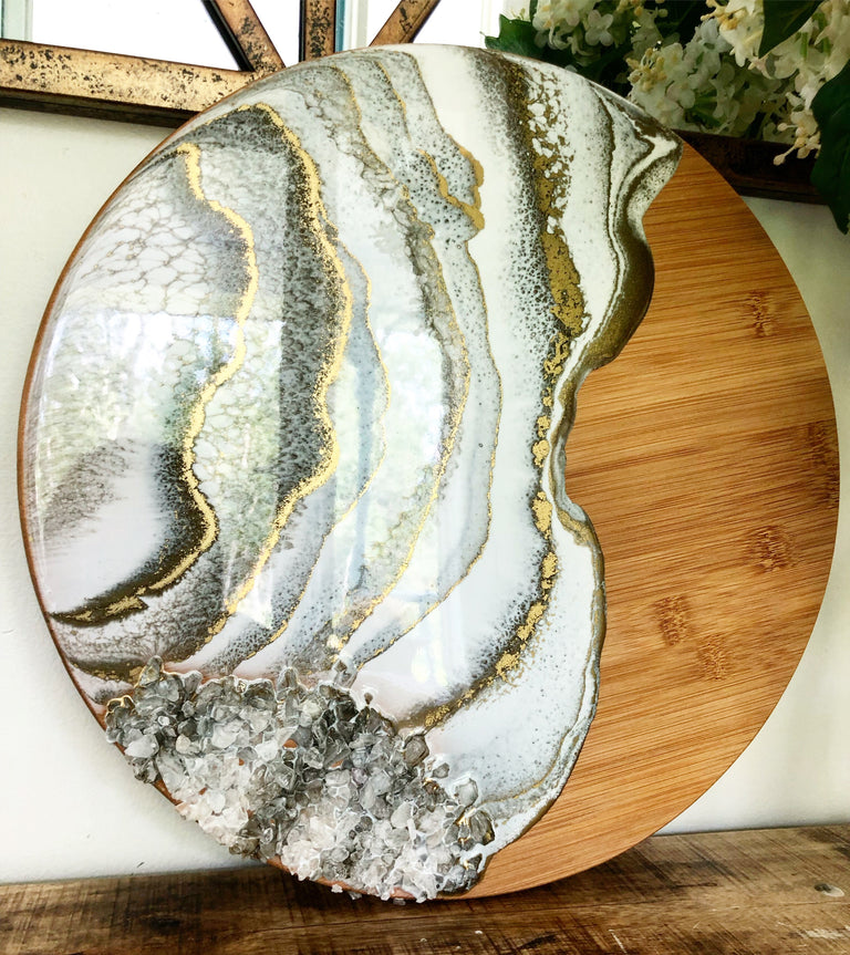 White and gold cheese board with clear quartz