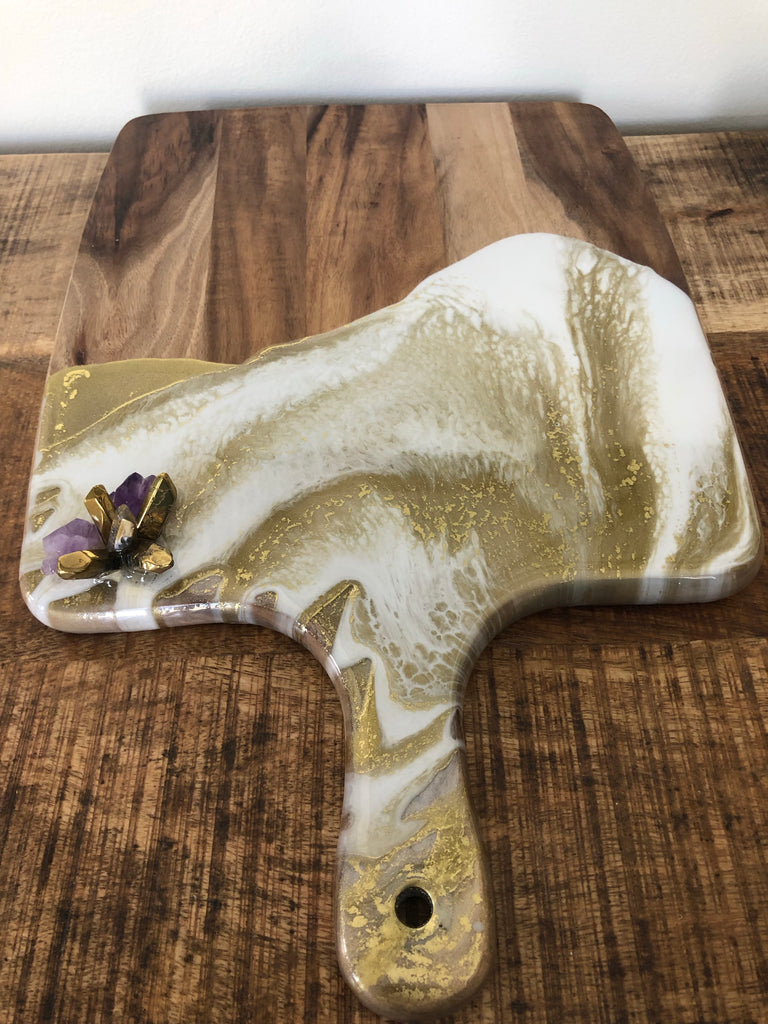 Gold and white resin cheese board with purple amethyst