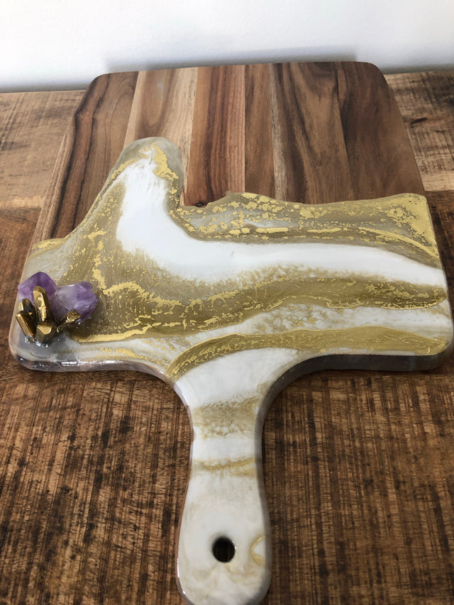 Gold and white resin cheese board with purple amethyst